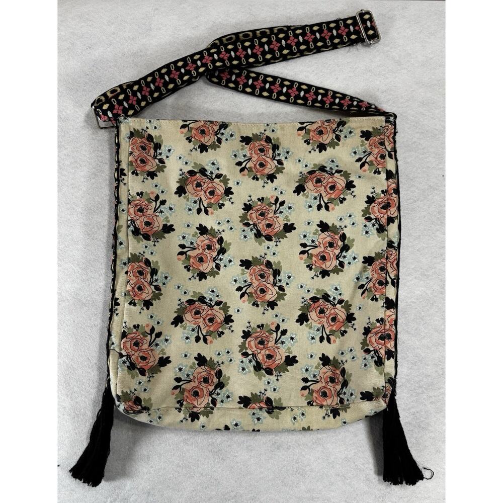 Boho Floral Canvas Crossbody Bag Cream Pink‎ Roses Tassel Hippie Purse
